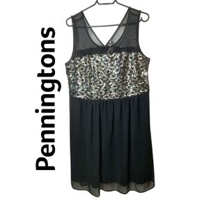 Penningtons Black Chiffon Dress With Gold & Silver Sequins